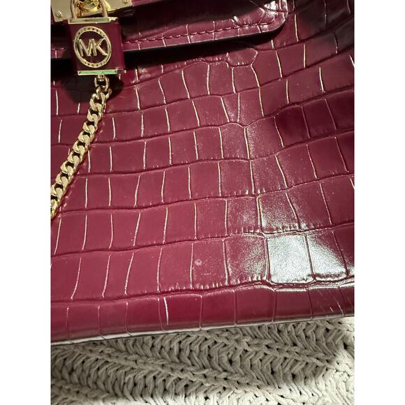 Michael Kors Hamilton Legacy Crocodile Embossed Leather Belted Satchel Burgundy - Picture 16 of 16